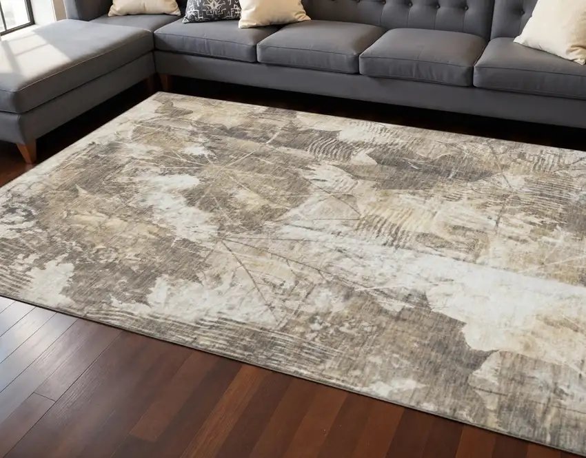 Beige And Ivory Floral Washable Area Rug With UV Protection Photo 2