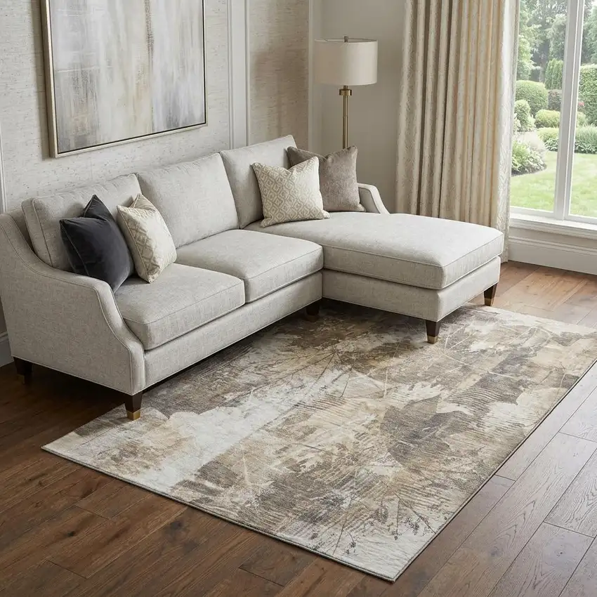 Beige And Ivory Floral Washable Area Rug With UV Protection Photo 1