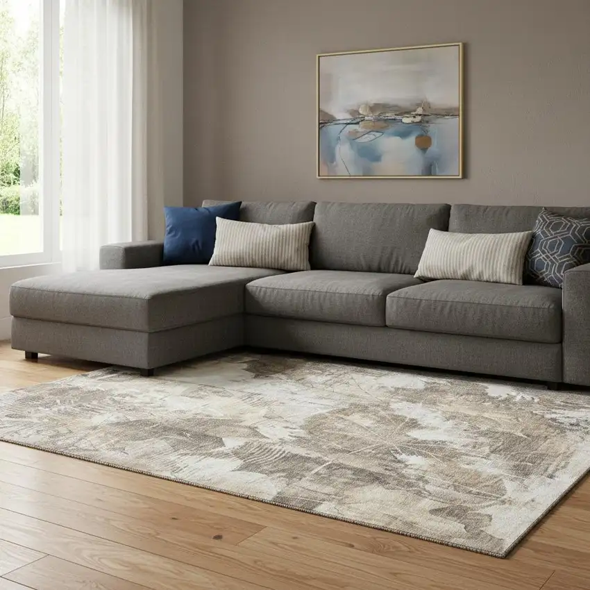 Beige And Ivory Floral Washable Area Rug With UV Protection Photo 1