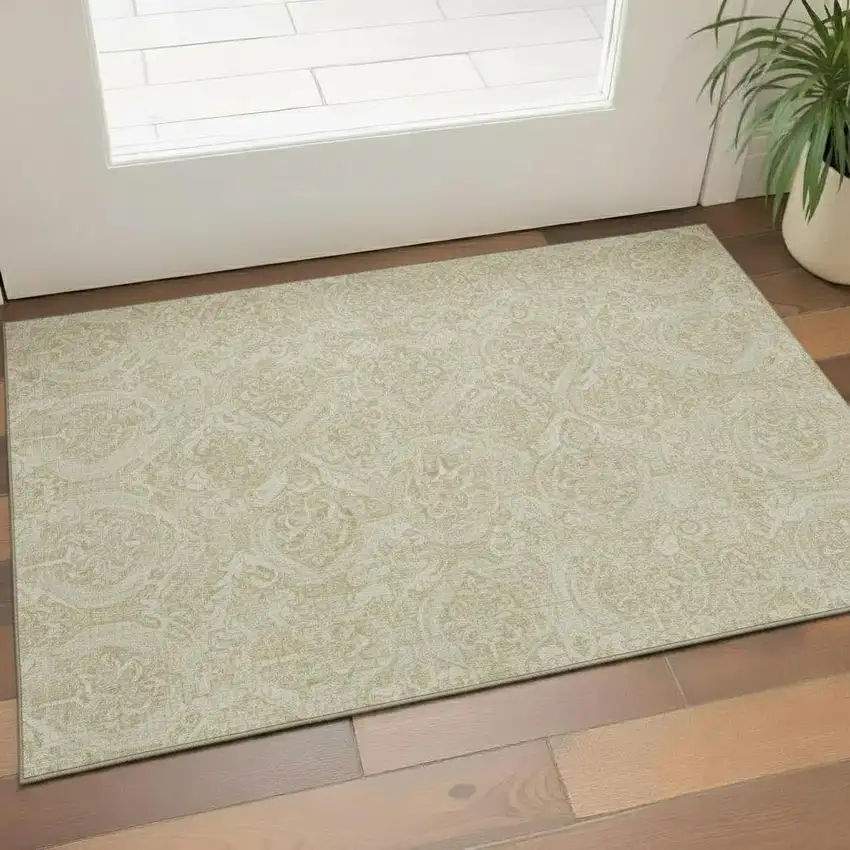 Beige And Ivory Floral Washable Area Rug With UV Protection Photo 1