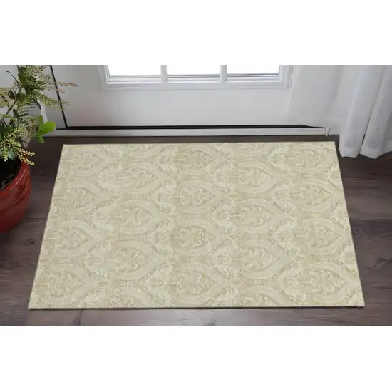 Beige And Ivory Floral Washable Area Rug With UV Protection Photo 2