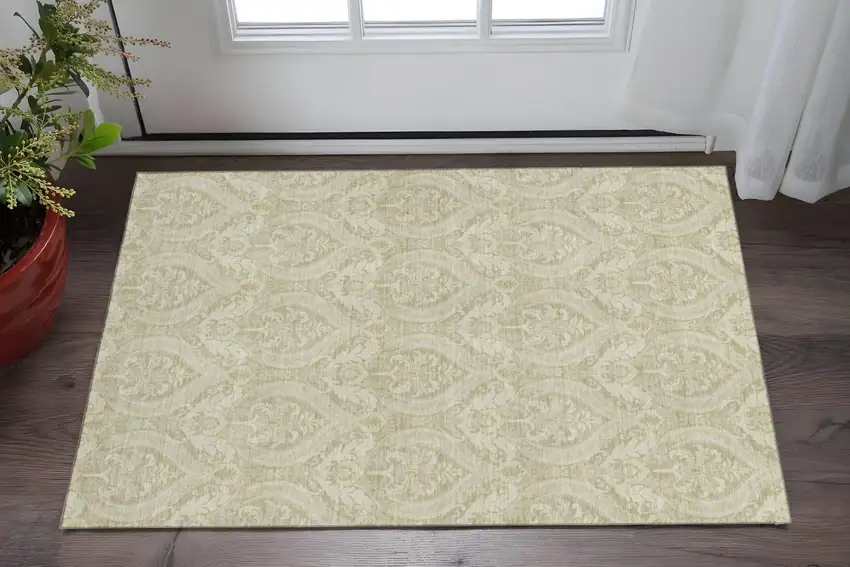 Beige And Ivory Floral Washable Area Rug With UV Protection Photo 2
