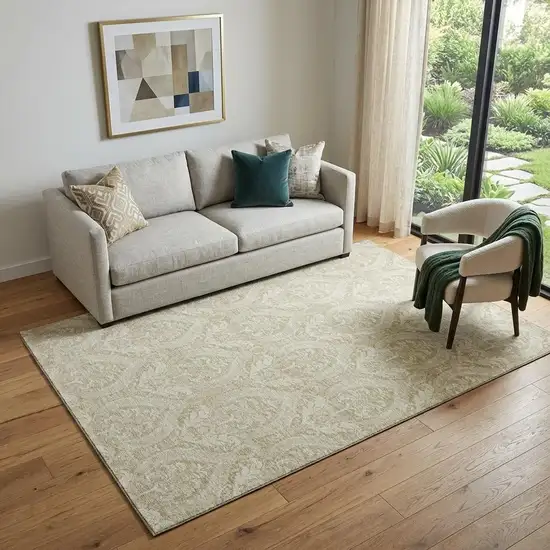 Beige And Ivory Floral Washable Area Rug With UV Protection Photo 1