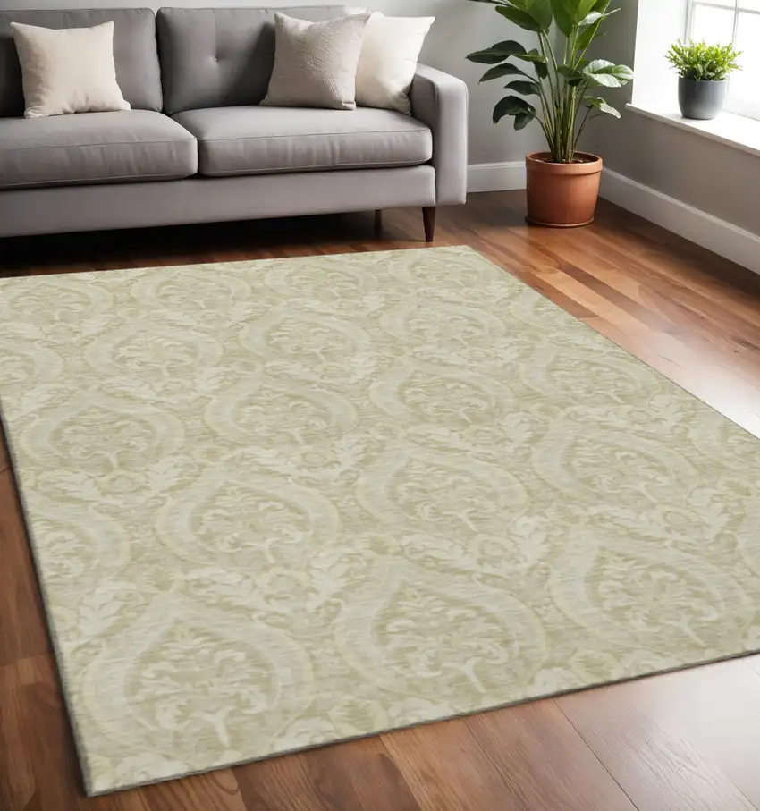 Beige And Ivory Floral Washable Area Rug With UV Protection Photo 2
