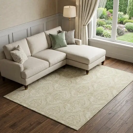 Beige And Ivory Floral Washable Area Rug With UV Protection Photo 1