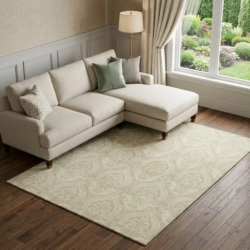 Beige And Ivory Floral Washable Area Rug With UV Protection Photo 1