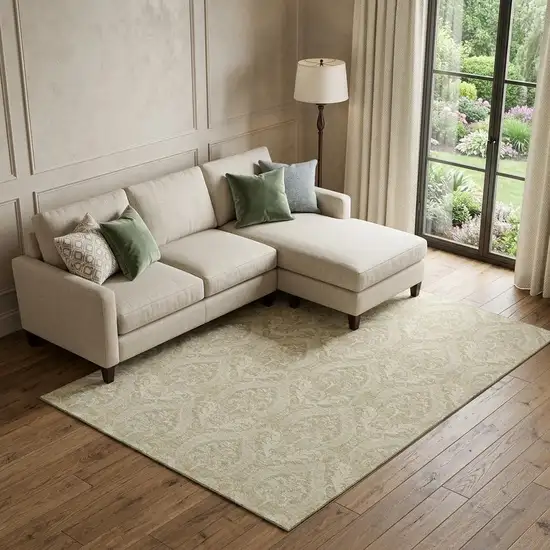 Beige And Ivory Floral Washable Area Rug With UV Protection Photo 1
