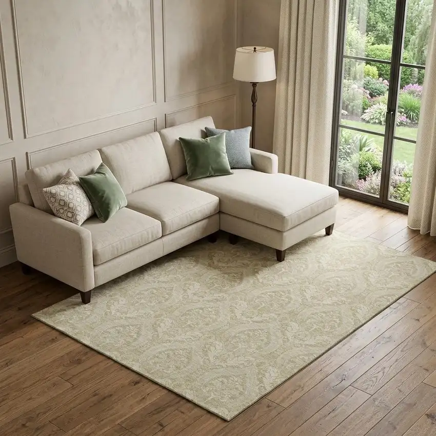 Beige And Ivory Floral Washable Area Rug With UV Protection Photo 1