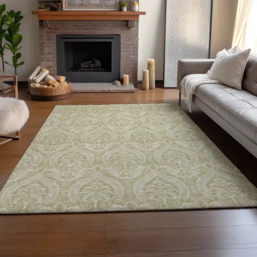 Beige And Ivory Floral Washable Area Rug With UV Protection Photo 6
