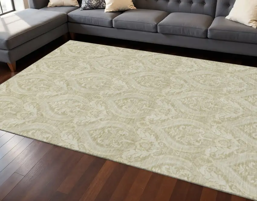 Beige And Ivory Floral Washable Area Rug With UV Protection Photo 2
