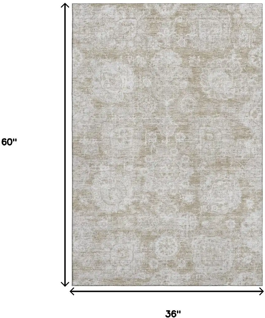 Beige And Ivory Floral Washable Area Rug With UV Protection Photo 3
