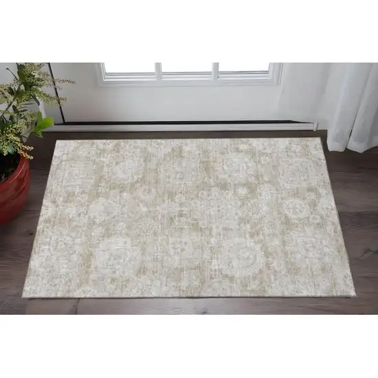 Beige And Ivory Floral Washable Area Rug With UV Protection Photo 2