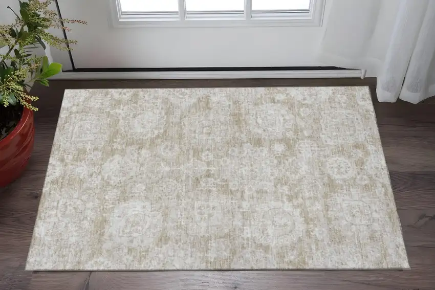 Beige And Ivory Floral Washable Area Rug With UV Protection Photo 2