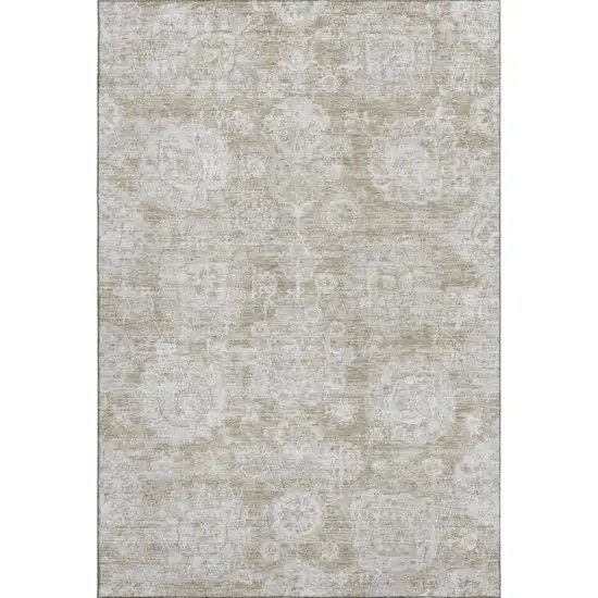 Beige And Ivory Floral Washable Area Rug With UV Protection Photo 1