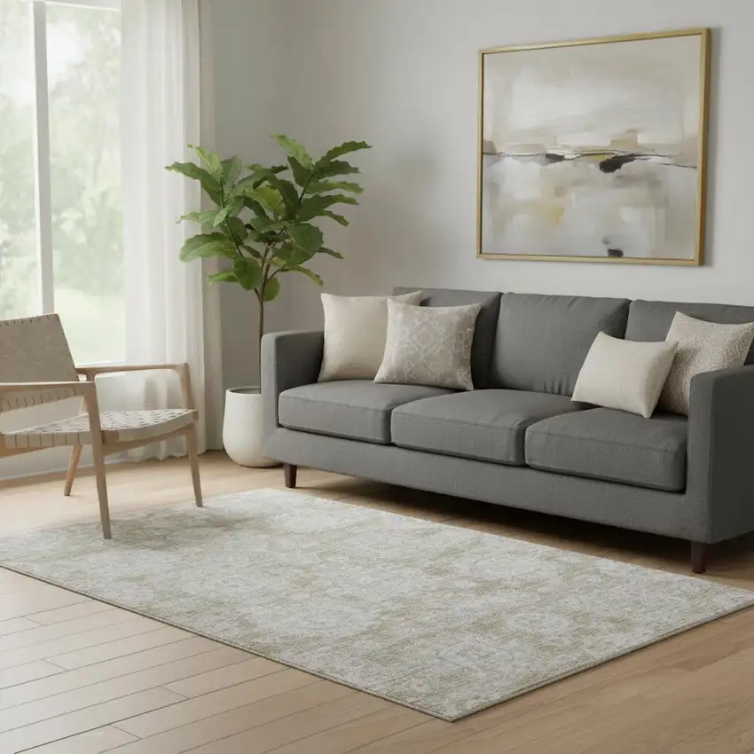 Beige And Ivory Floral Washable Area Rug With UV Protection Photo 1