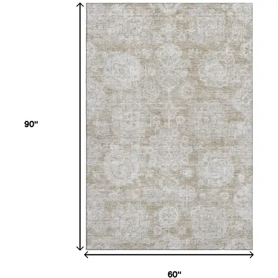 Beige And Ivory Floral Washable Area Rug With UV Protection Photo 3