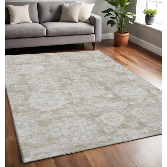Beige And Ivory Floral Washable Area Rug With UV Protection Photo 2