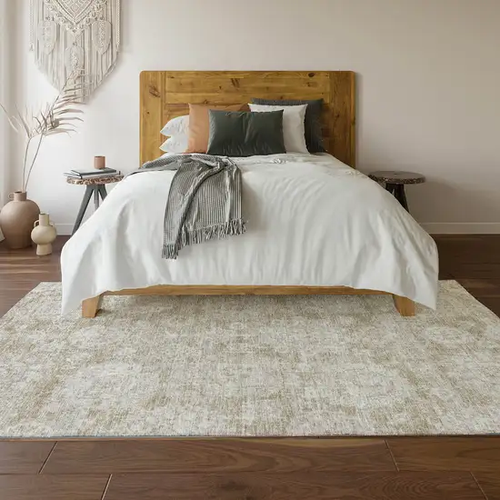 Beige And Ivory Floral Washable Area Rug With UV Protection Photo 6