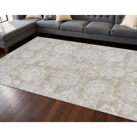 Beige And Ivory Floral Washable Area Rug With UV Protection Photo 2