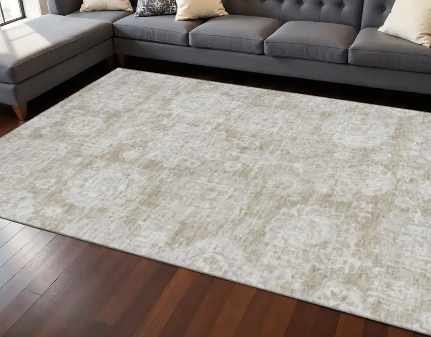 Beige And Ivory Floral Washable Area Rug With UV Protection Photo 2
