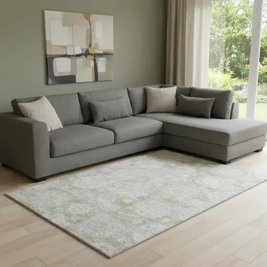 Beige And Ivory Floral Washable Area Rug With UV Protection Photo 1