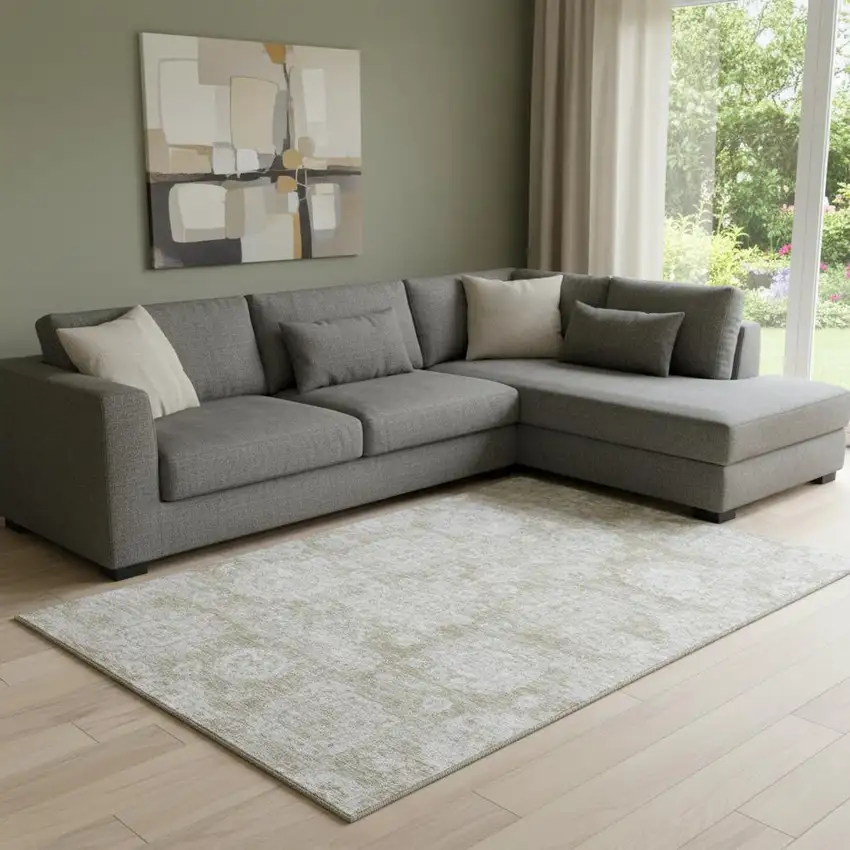 Beige And Ivory Floral Washable Area Rug With UV Protection Photo 1