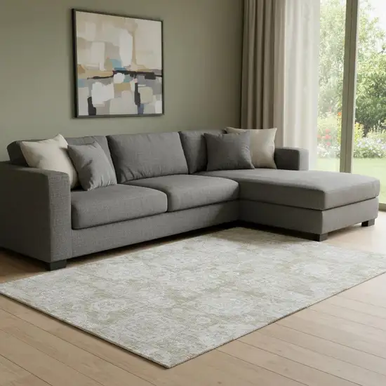 Beige And Ivory Floral Washable Area Rug With UV Protection Photo 1