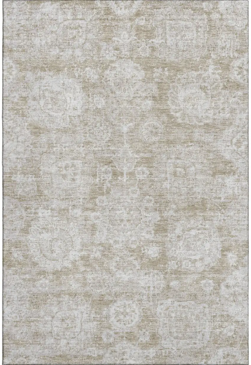 Beige And Ivory Floral Washable Area Rug With UV Protection Photo 1