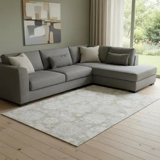 Beige And Ivory Floral Washable Area Rug With UV Protection Photo 1