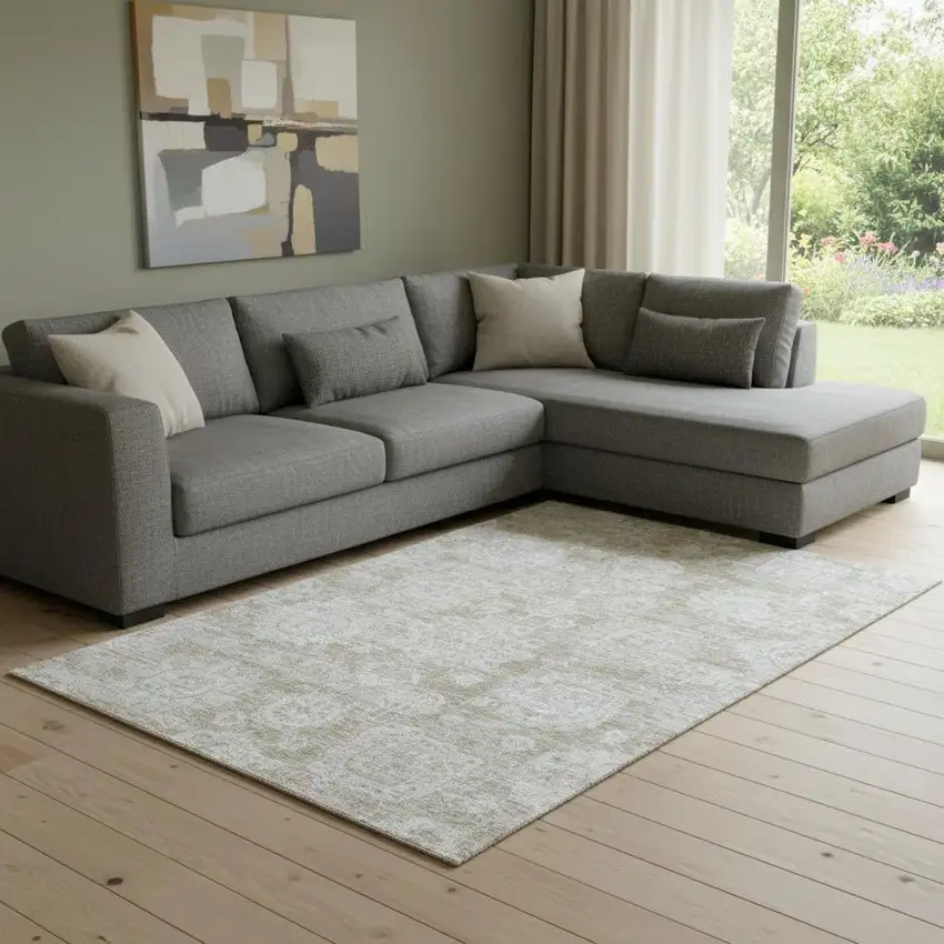 Beige And Ivory Floral Washable Area Rug With UV Protection Photo 1