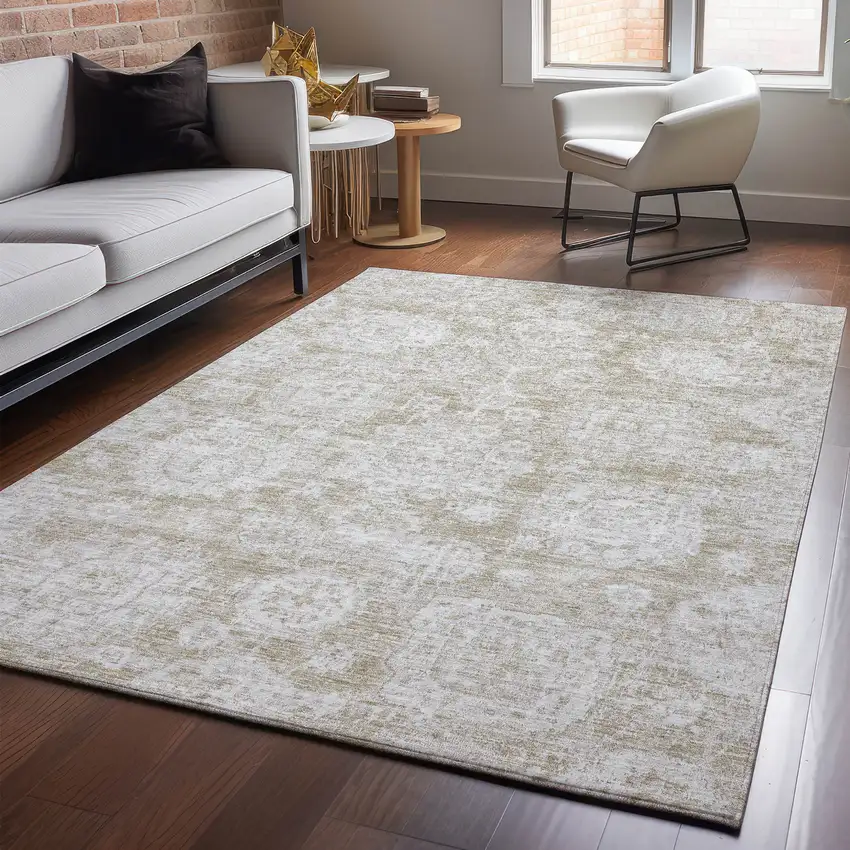 Beige And Ivory Floral Washable Area Rug With UV Protection Photo 5