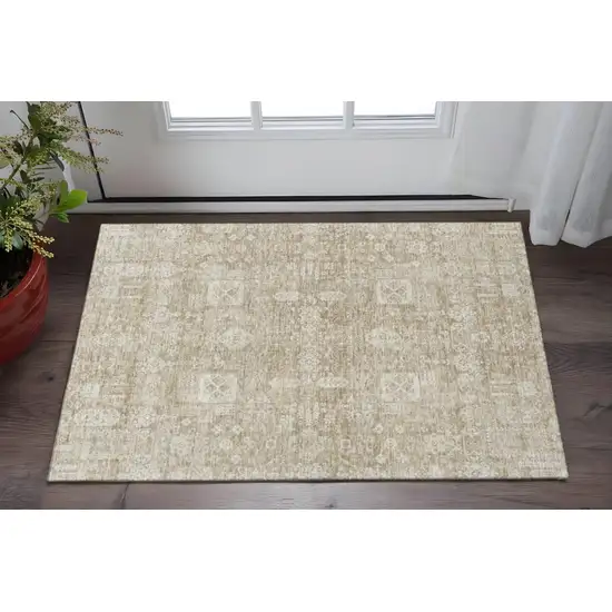 Beige And Ivory Floral Washable Area Rug With UV Protection Photo 2