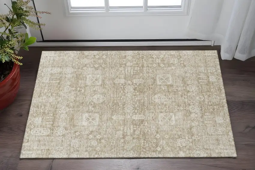 Beige And Ivory Floral Washable Area Rug With UV Protection Photo 2