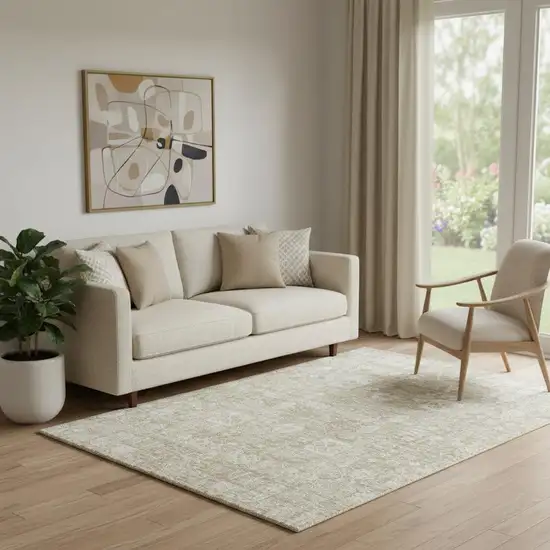 Beige And Ivory Floral Washable Area Rug With UV Protection Photo 1