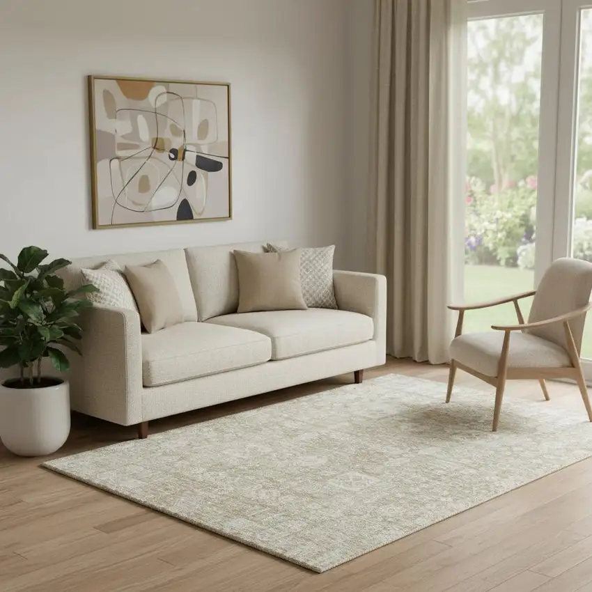 Beige And Ivory Floral Washable Area Rug With UV Protection Photo 1