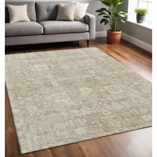 Beige And Ivory Floral Washable Area Rug With UV Protection Photo 2
