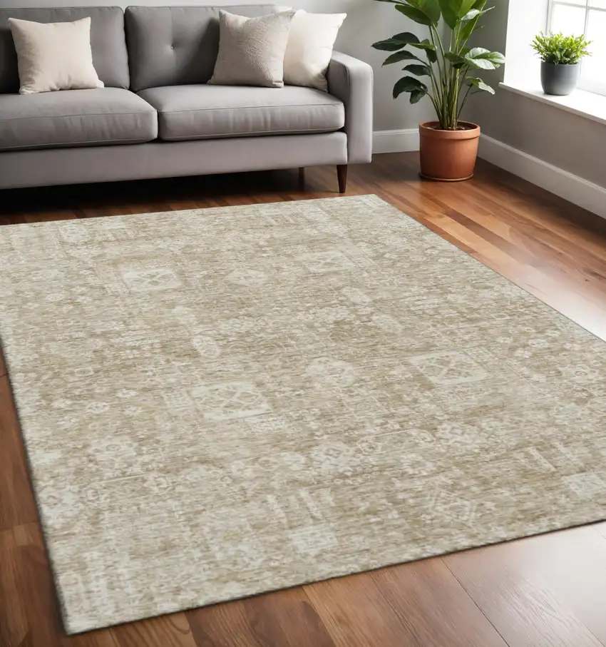 Beige And Ivory Floral Washable Area Rug With UV Protection Photo 2