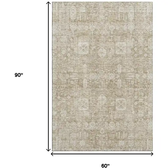 Beige And Ivory Floral Washable Area Rug With UV Protection Photo 3