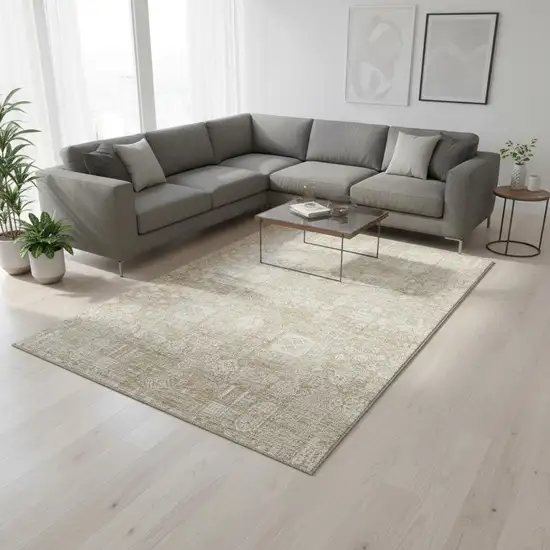 Beige And Ivory Floral Washable Area Rug With UV Protection Photo 2