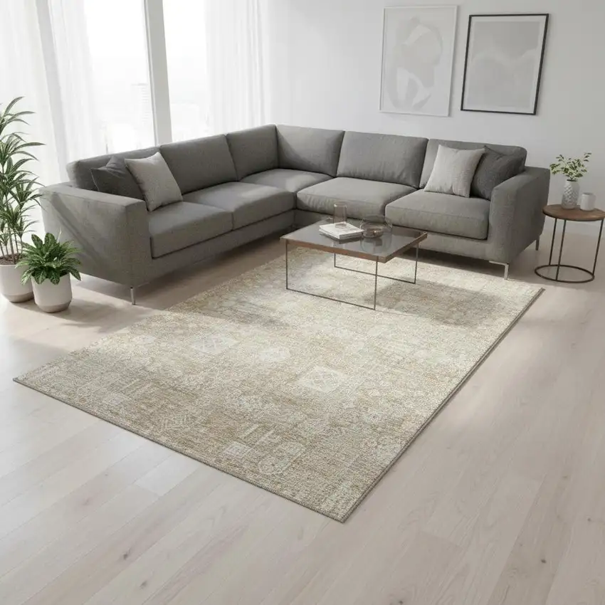 Beige And Ivory Floral Washable Area Rug With UV Protection Photo 2