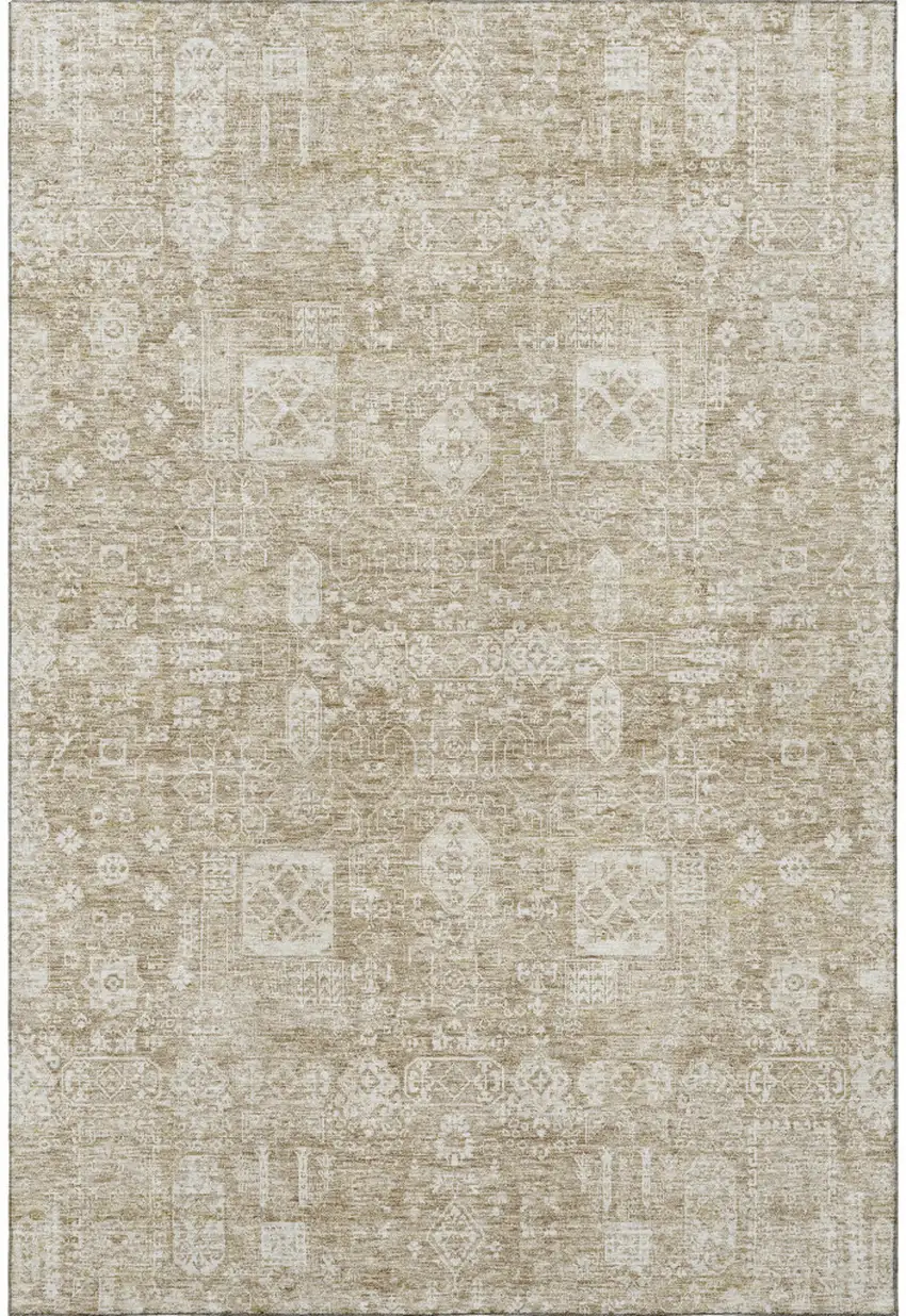 Beige And Ivory Floral Washable Area Rug With UV Protection Photo 4
