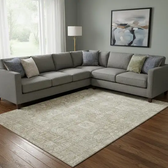 Beige And Ivory Floral Washable Area Rug With UV Protection Photo 1