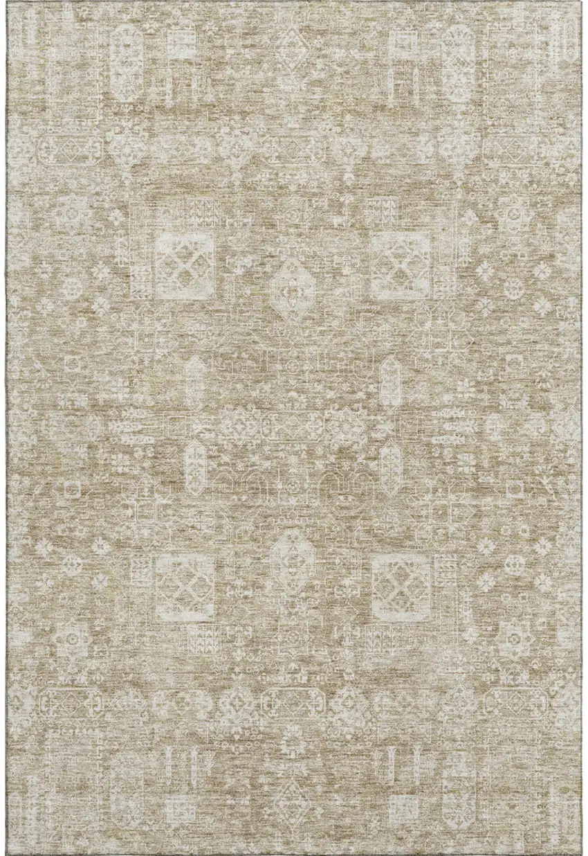 Beige And Ivory Floral Washable Area Rug With UV Protection Photo 1