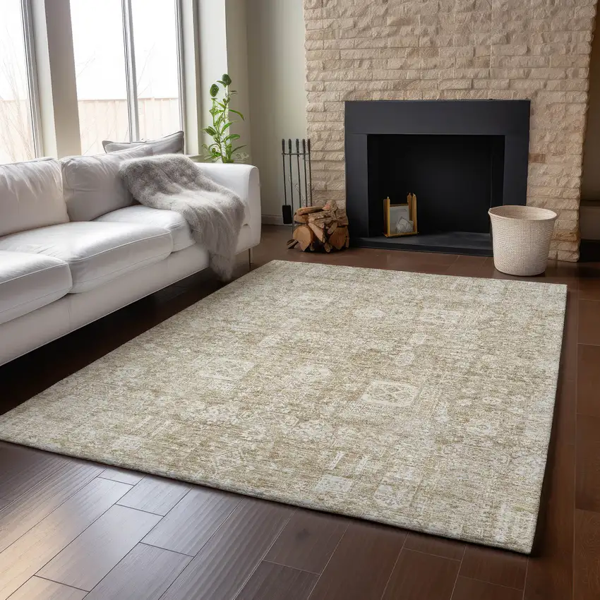 Beige And Ivory Floral Washable Area Rug With UV Protection Photo 6