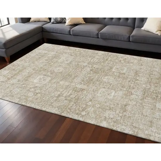 Beige And Ivory Floral Washable Area Rug With UV Protection Photo 2