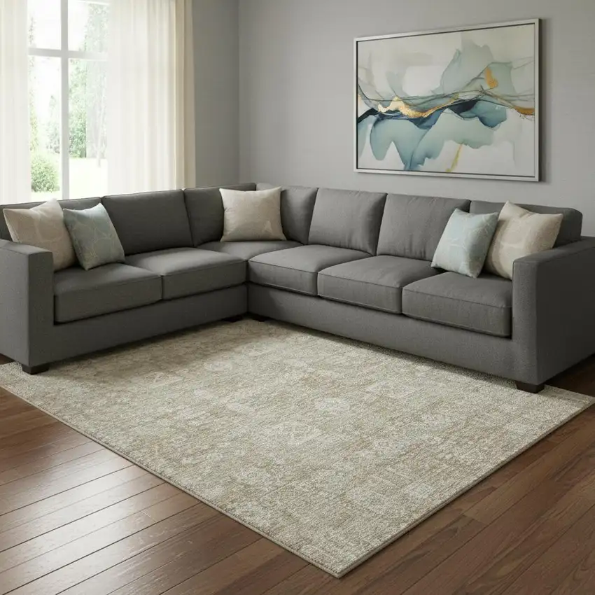 Beige And Ivory Floral Washable Area Rug With UV Protection Photo 1