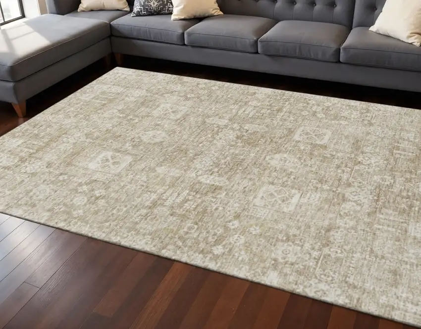 Beige And Ivory Floral Washable Area Rug With UV Protection Photo 2