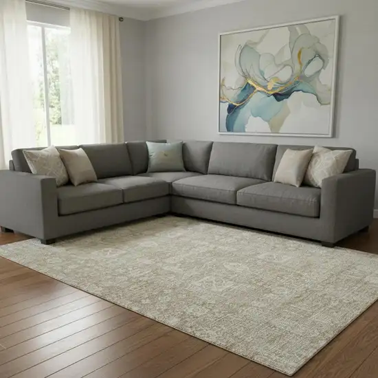 Beige And Ivory Floral Washable Area Rug With UV Protection Photo 1