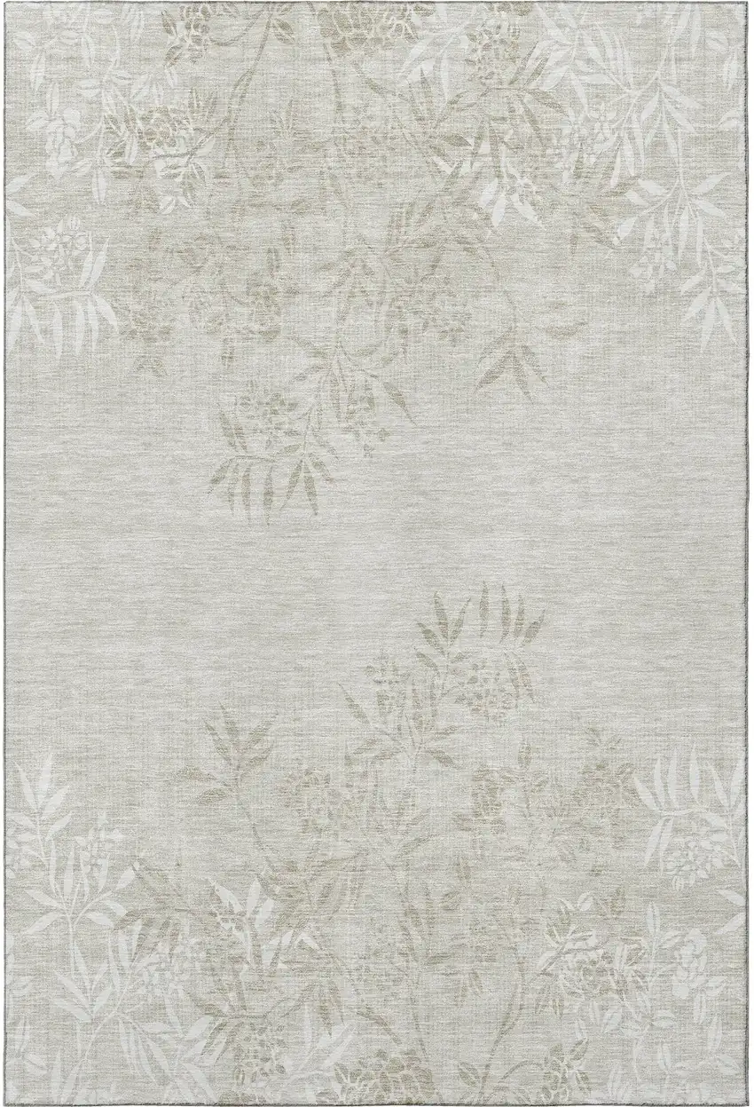 Beige And Ivory Floral Washable Area Rug With UV Protection Photo 3
