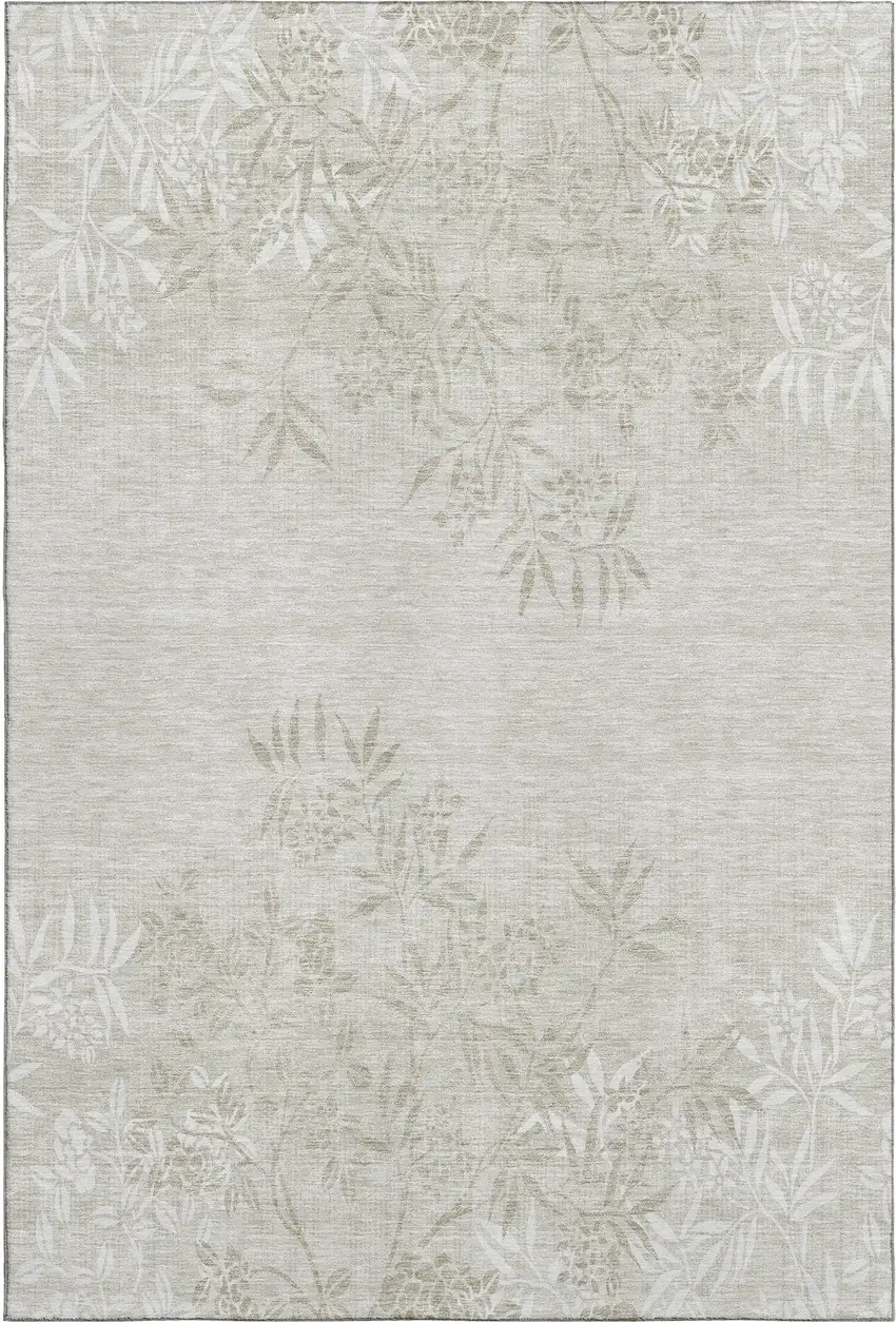 Beige And Ivory Floral Washable Area Rug With UV Protection Photo 1